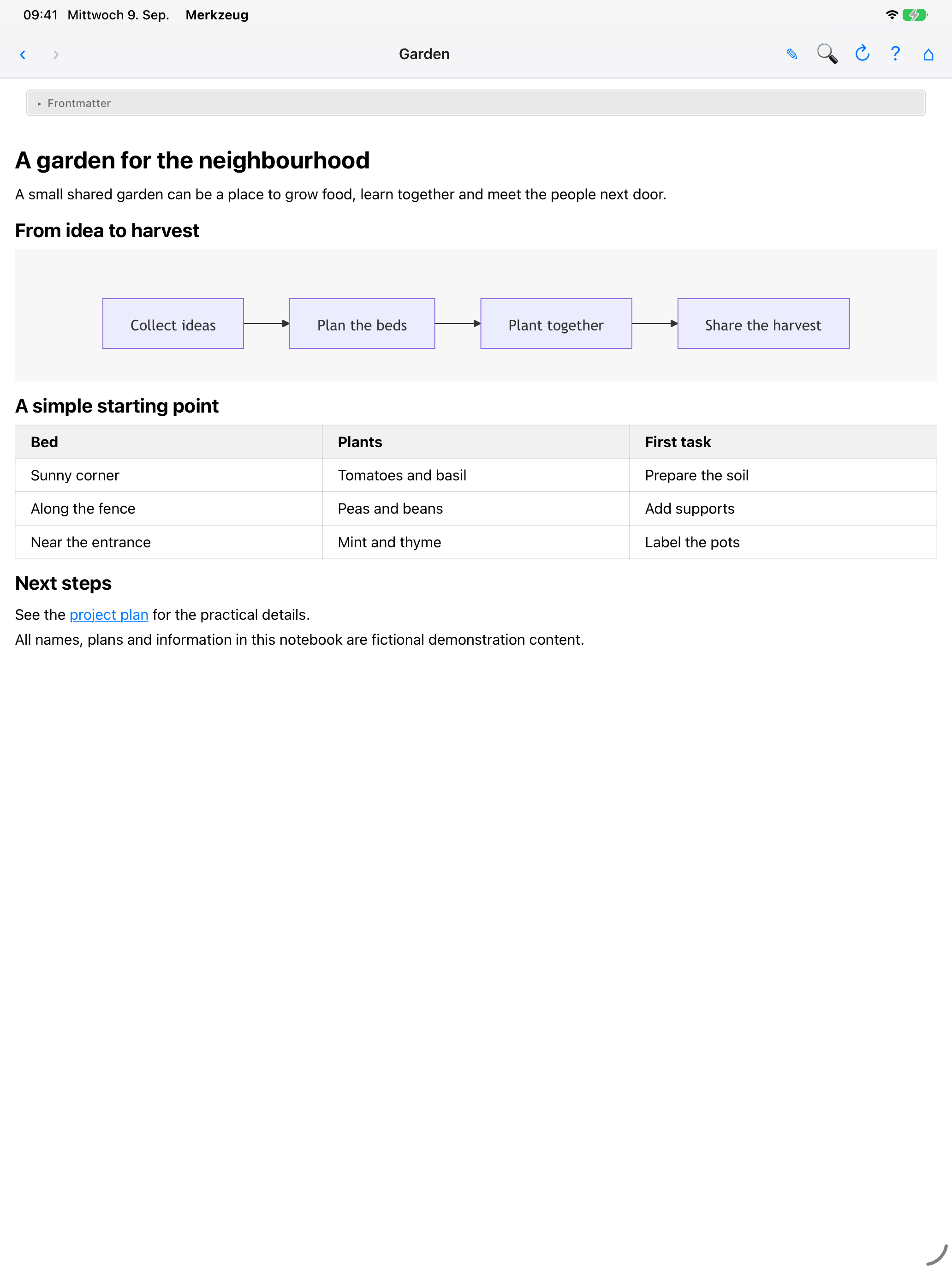 iPad development preview with a project note and its embedded Mermaid diagram