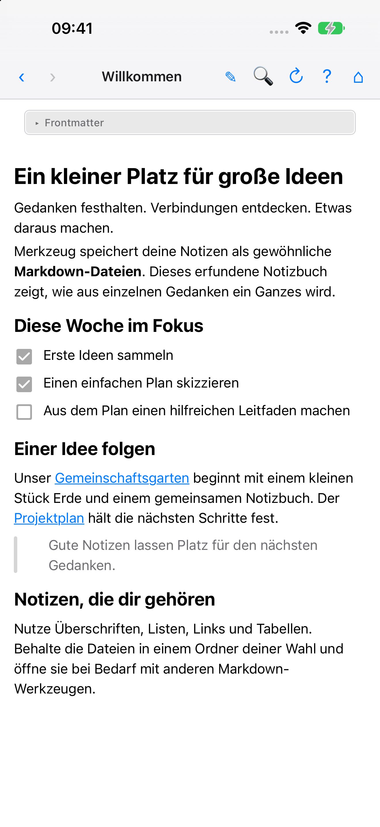 Merkzeug auf dem iPhone mit fiktiven Notizen