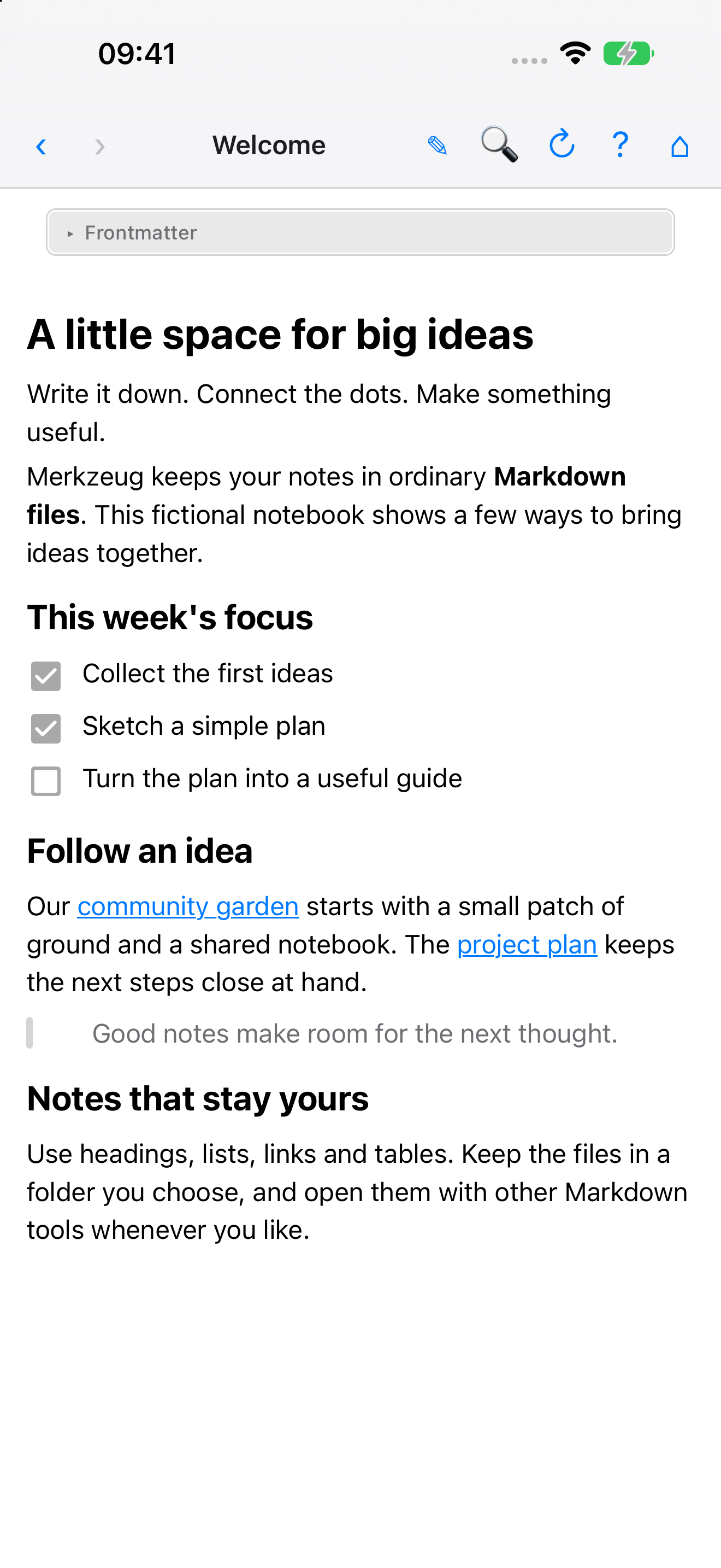 Merkzeug on iPhone with fictional notes