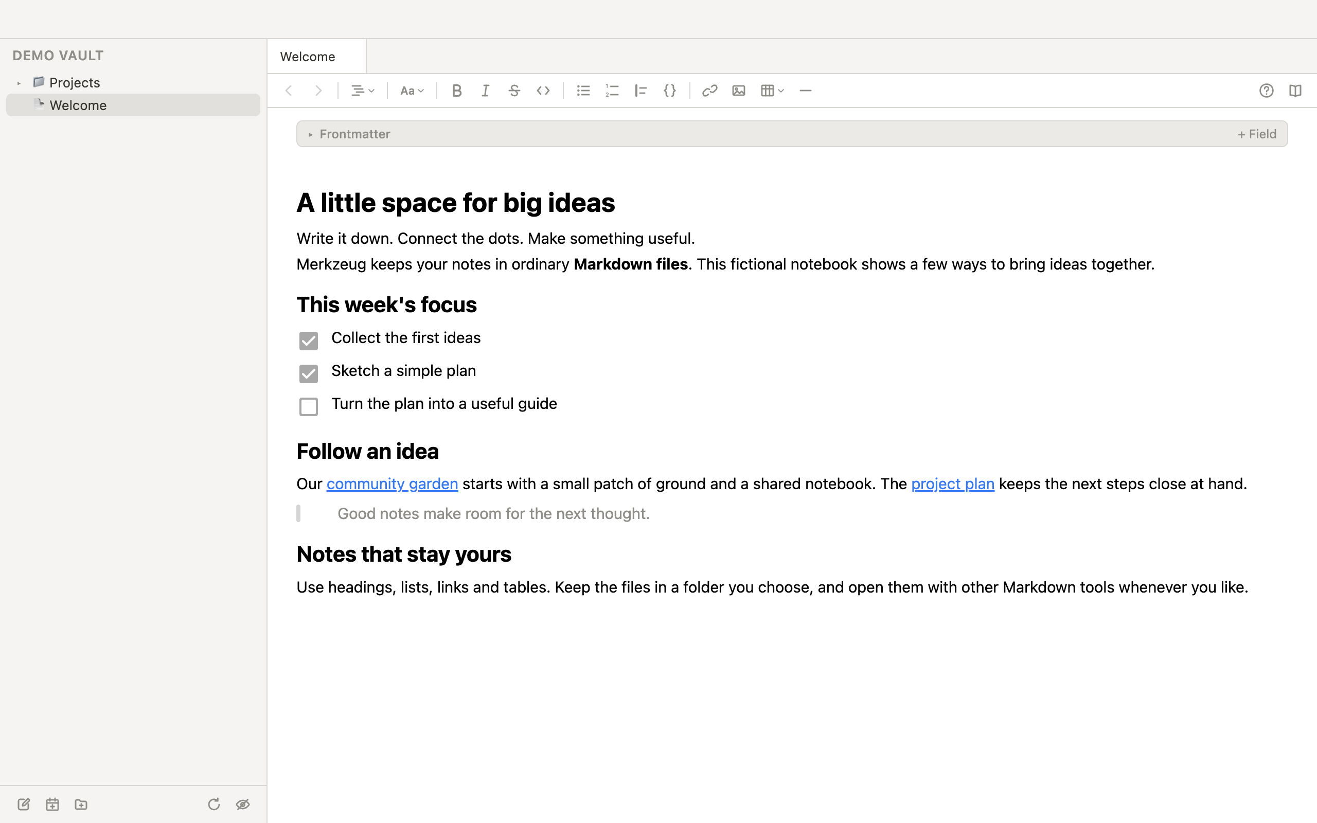 Development preview of Merkzeug on Mac with fictional notes