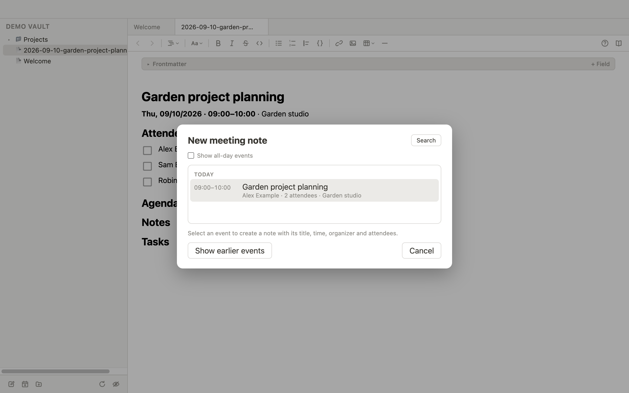Calendar event picker over a meeting note with attendees, agenda and tasks