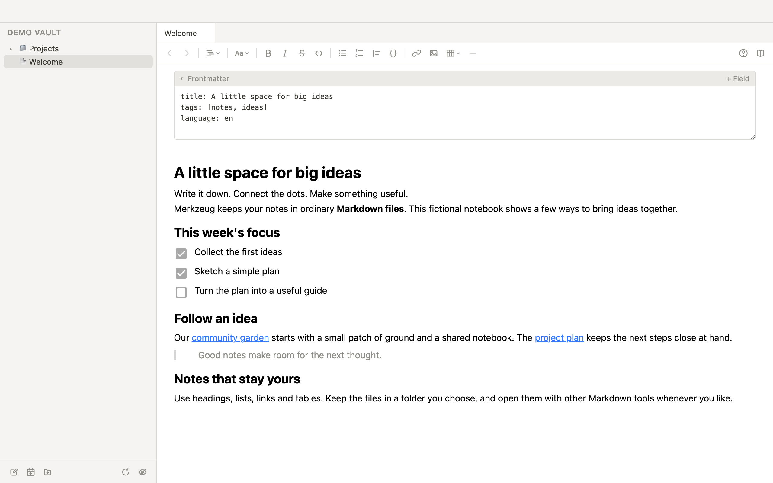 Expanded frontmatter editor with title, tags and language above a Markdown note