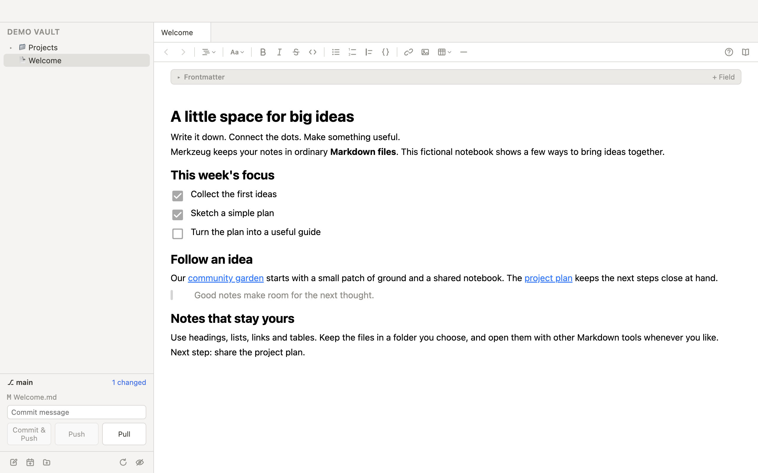 Git panel showing the main branch, a changed Markdown file and commit, push and pull controls